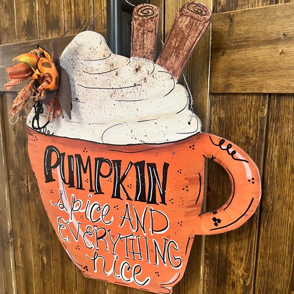 Unbranded Other - Hand Painted Pumpkin Spice Everything Nice Wood Door Hanger Fall Decor Mug 19in